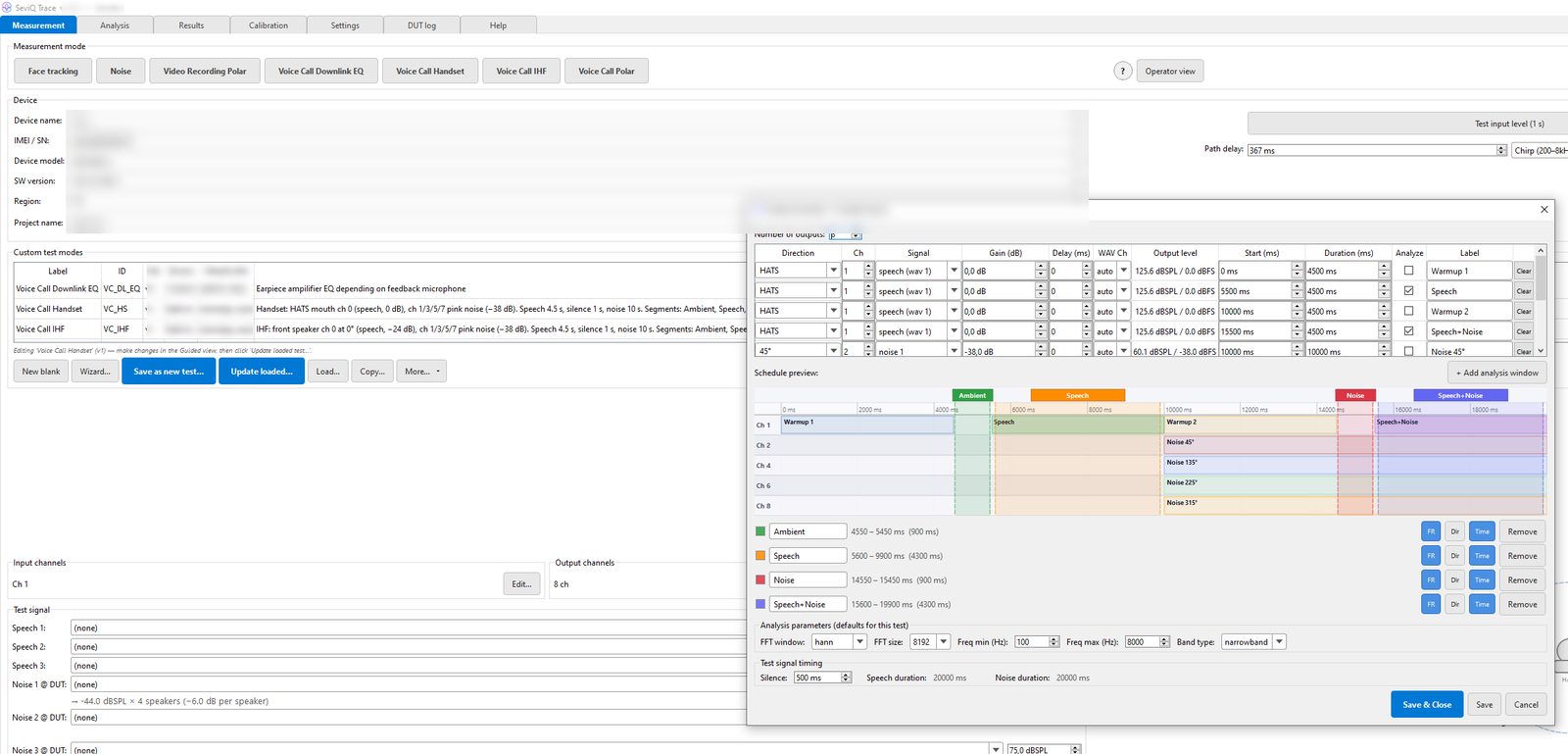 SeviQ Trace measurement tab with the guided-mode output channel schedule open